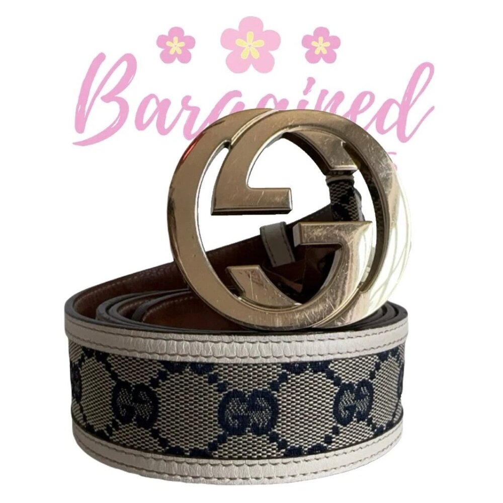 Authentic Gucci Cream Monogram Canvas Leather Interlocking G Buckle Belt 95/38